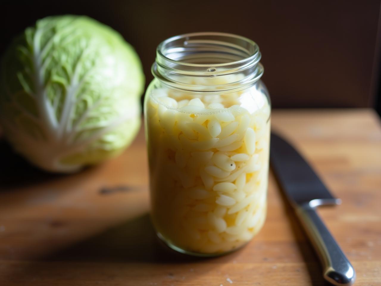 A jar of homemade sauerkraut with visible fermentation bubbles, placed on a wooden table next to a head of cabbage and a knife.
