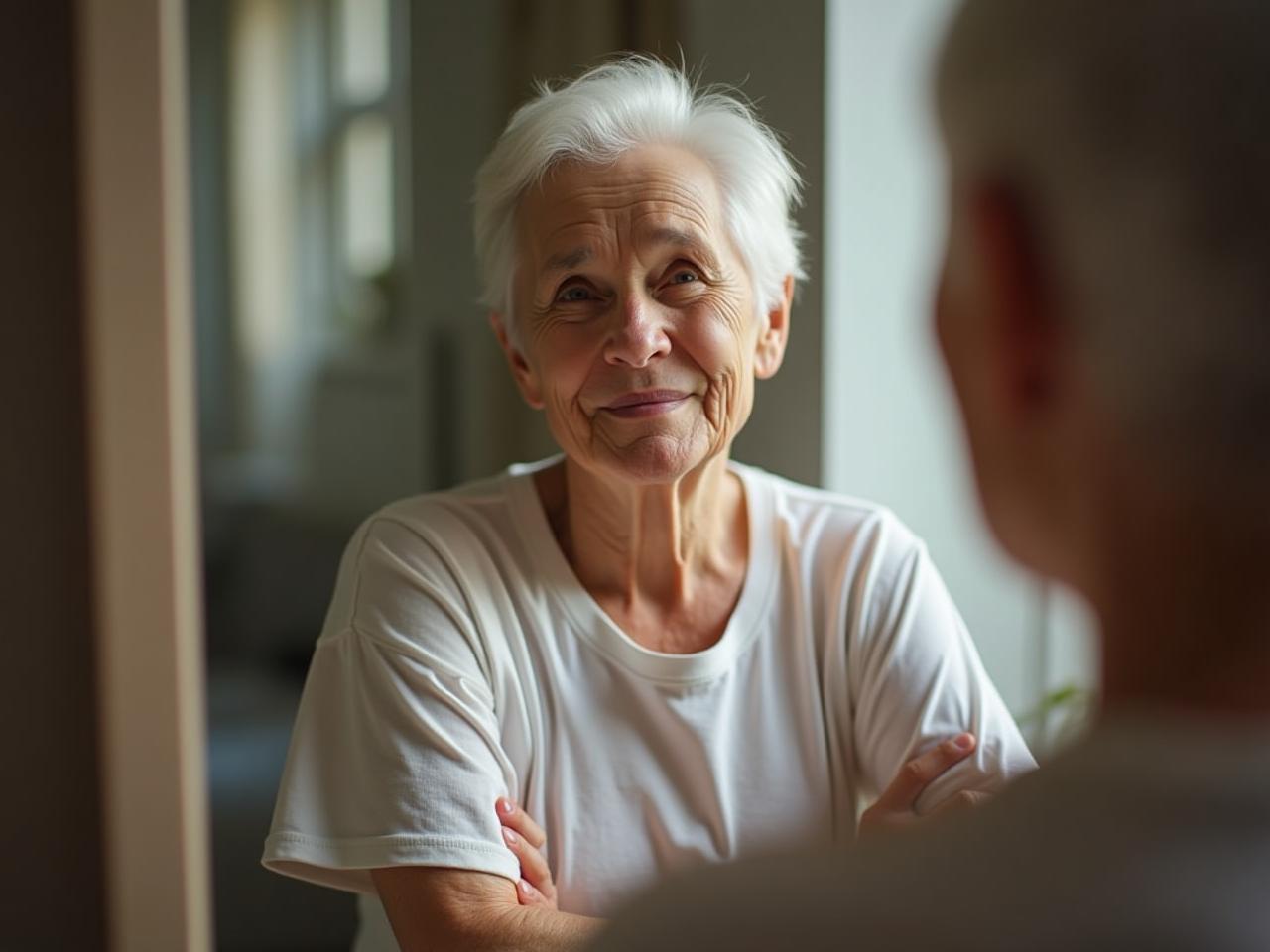 A person looking at their reflection in the mirror while thinking about their health and aging.