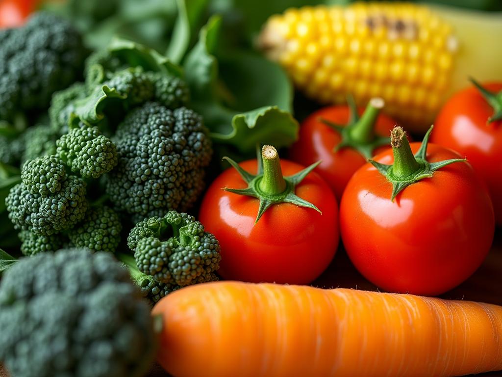 A close-up of various colorful vegetables, including spinach, kale, carrots, and corn, symbolizing the foods rich in lutein and zeaxanthin. The image suggests healthy eating for eyesight preservation.