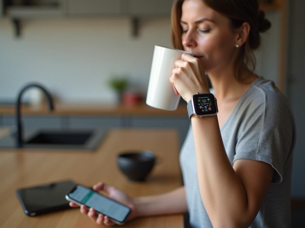 A person wearing a smartwatch and looking at data on their phone, while drinking coffee in a modern kitchen.