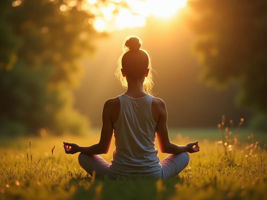 A person meditating outdoors, surrounded by nature, symbolizing calm and mindfulness.