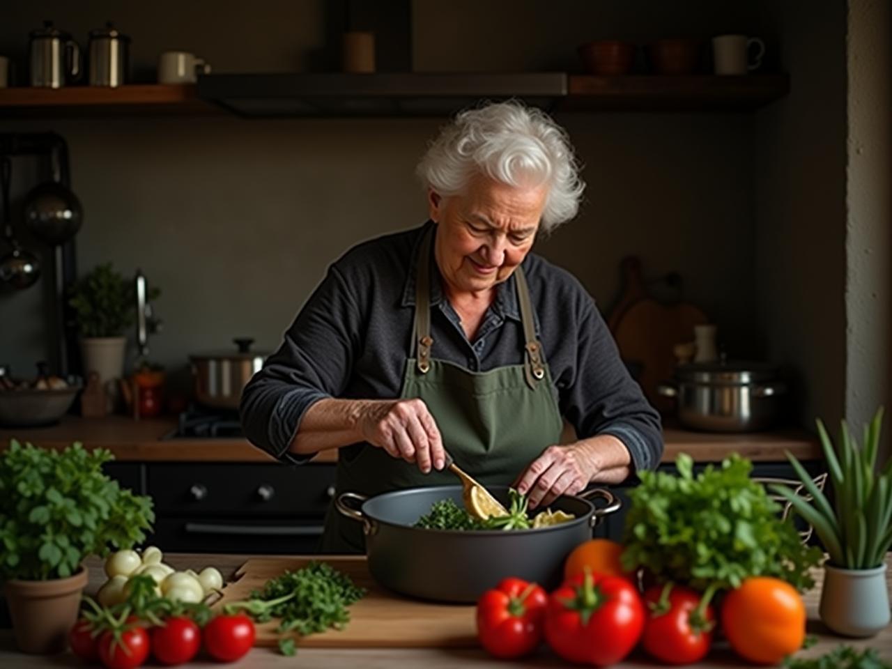 A photo of a grandmother cooking in a rustic kitchen, surrounded by fresh vegetables and herbs.