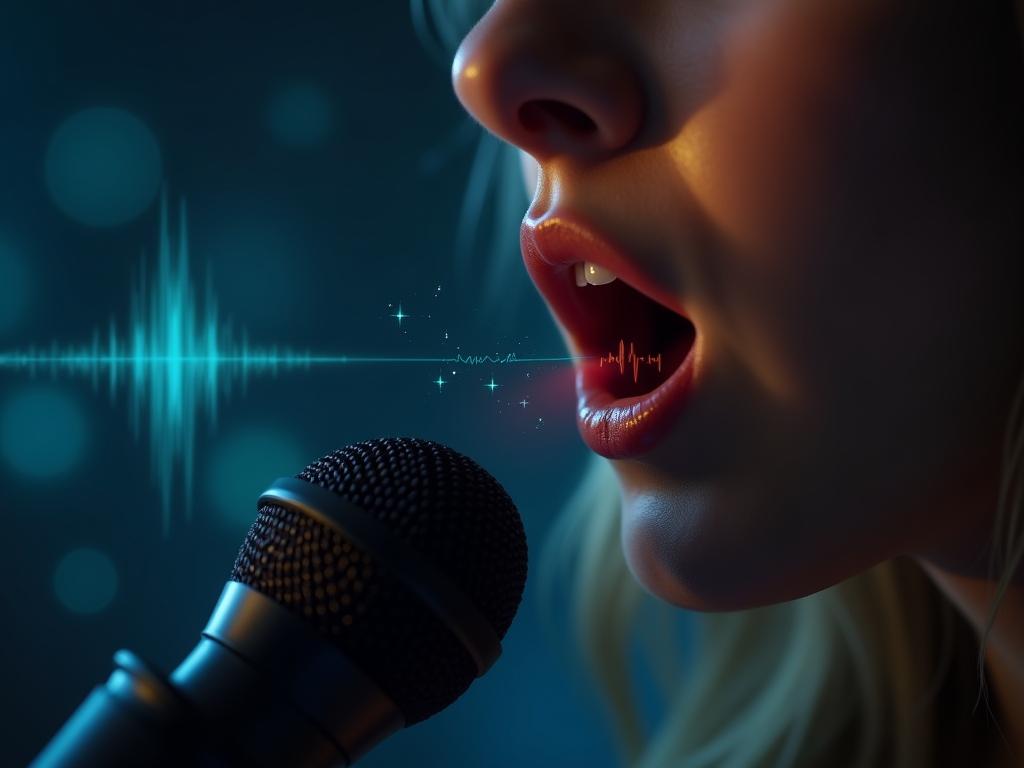 A close-up of a persons mouth while speaking into a microphone, with subtle visual elements representing sound waves and data analysis.