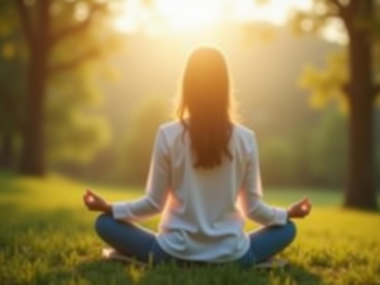 A serene image of someone meditating outdoors in nature, surrounded by peaceful scenery.