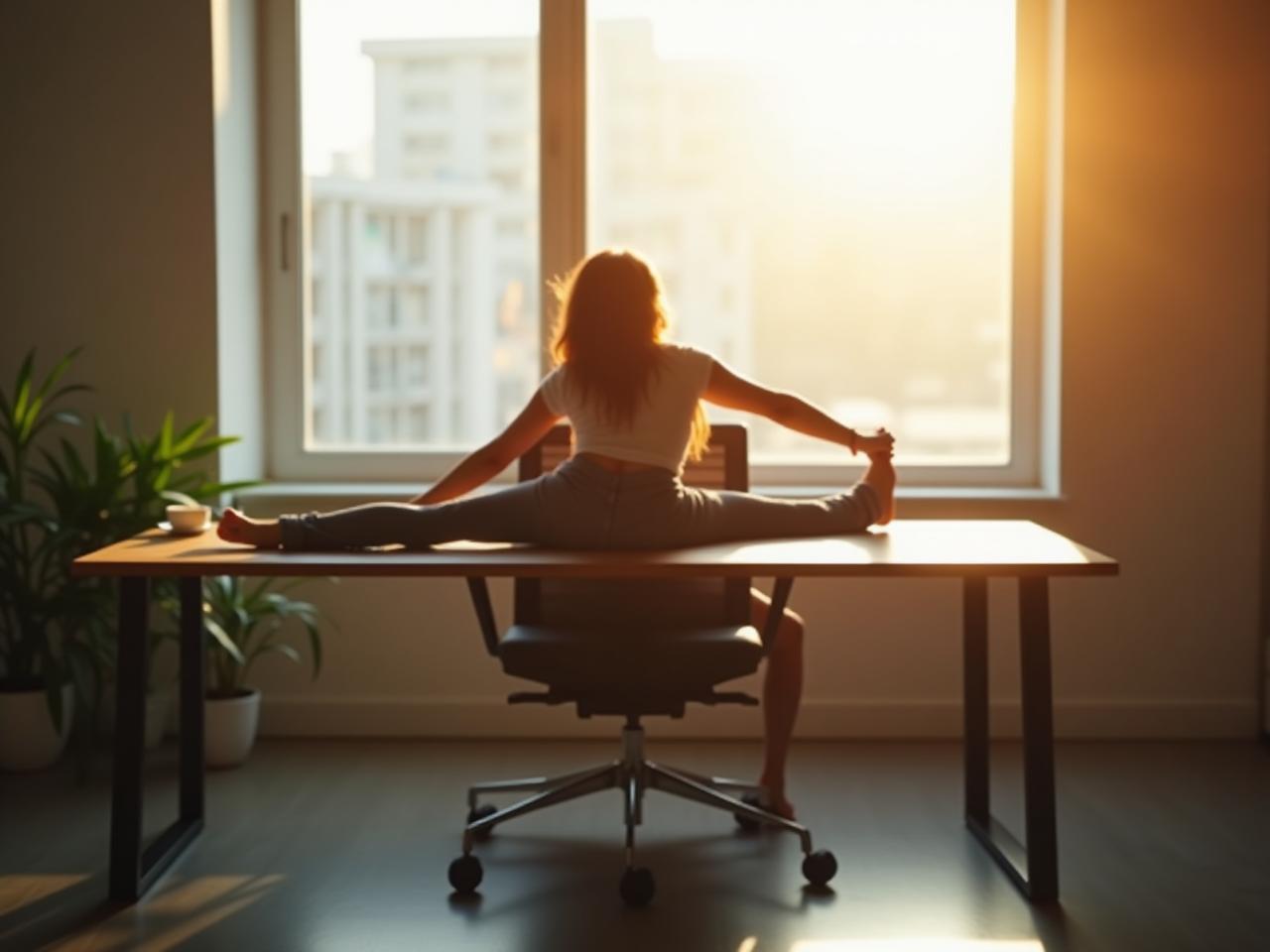A person stretching at their desk in an office setting, with sunlight streaming in through the window.