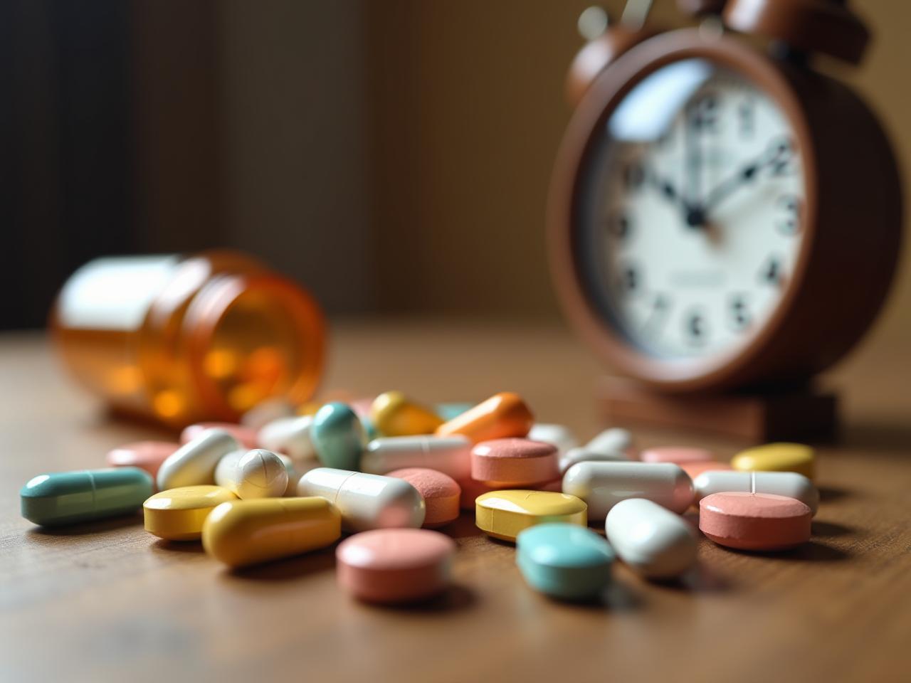 Pills and supplements scattered on a wooden table, with a clock in the background, symbolizing the importance of timing in supplement intake.