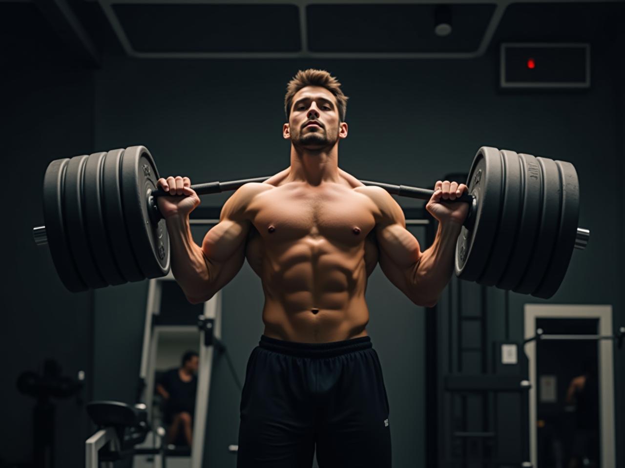 A person lifting weights in a gym, with a focus on muscle definition and proper form.