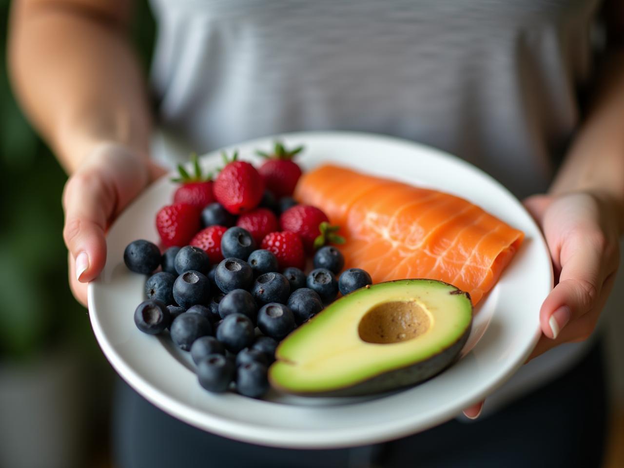 A person holding a plate with colorful anti-inflammatory foods like berries, avocado, and salmon after a workout.