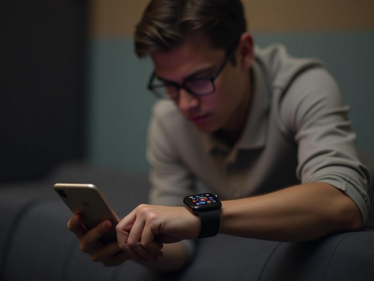 A person wearing a smartwatch and looking concerned at the sleep data on their phone.