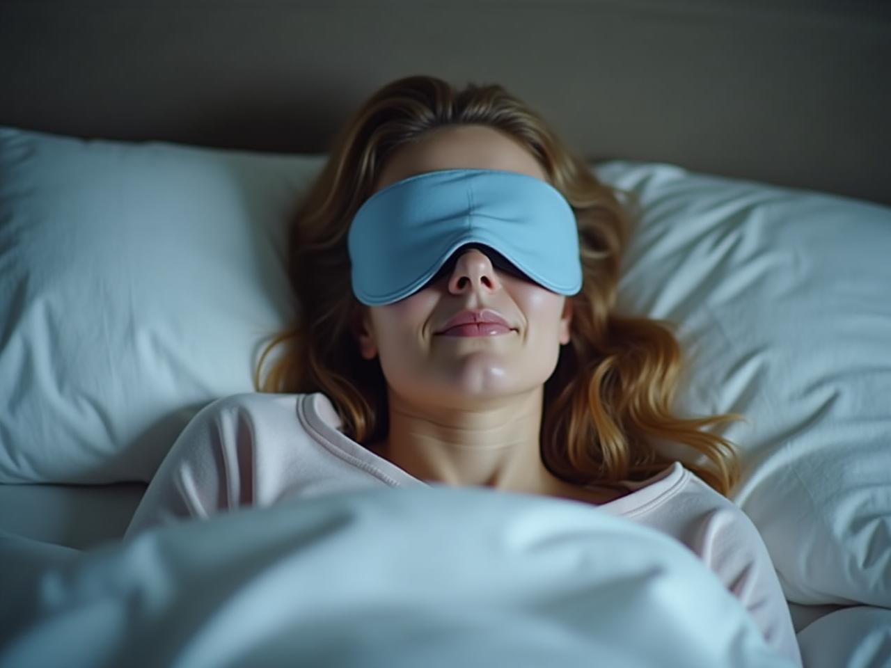 A person wearing a sleep mask in bed, looking relaxed and peaceful.