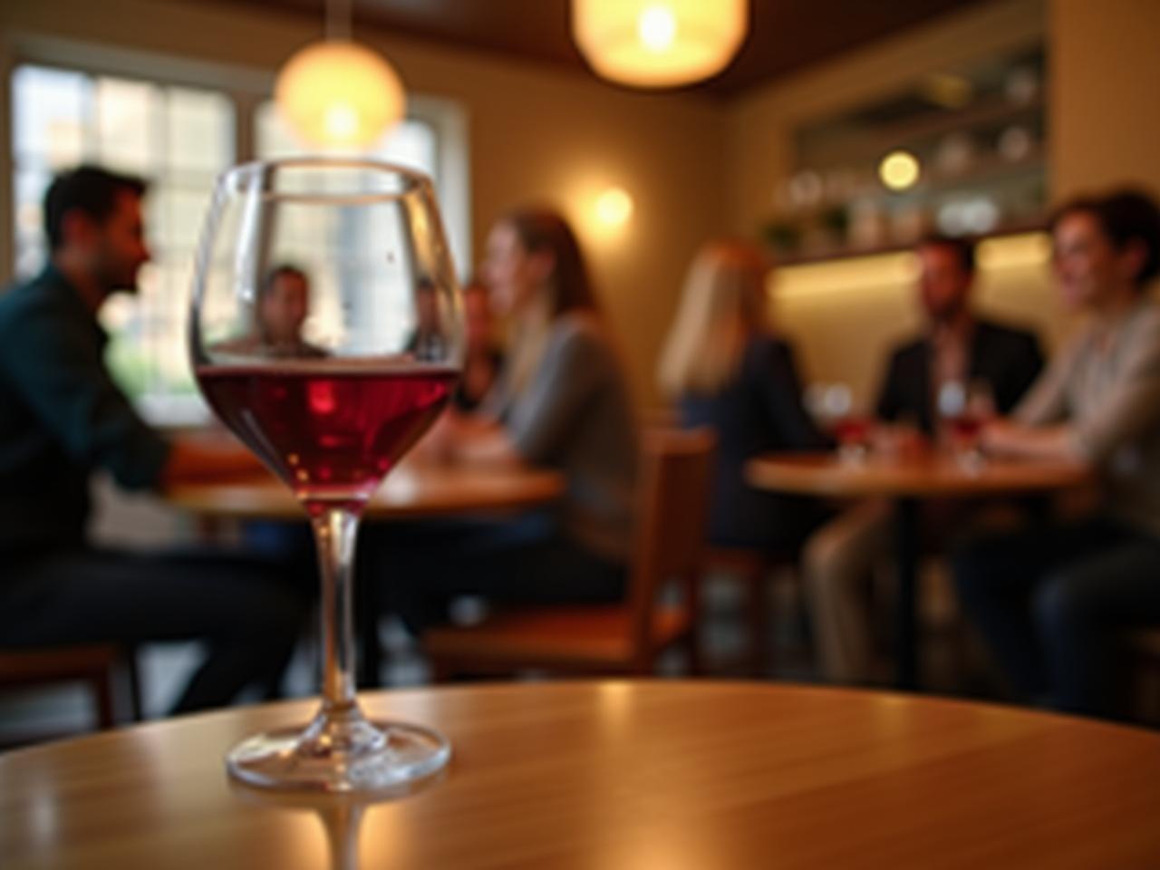 A glass of red wine sitting on a table in a cozy cafe setting, with a blurred background of people socializing.