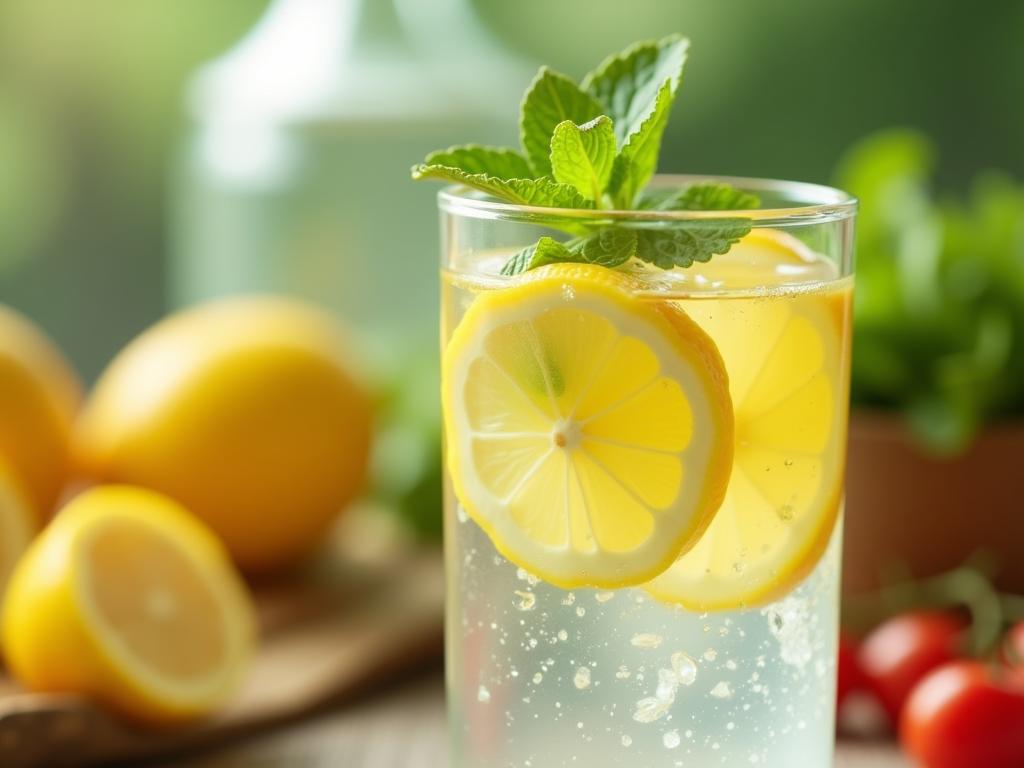 Close-up of a glass of water with lemon slices and mint leaves, with a blurred background of fresh fruits and vegetables.