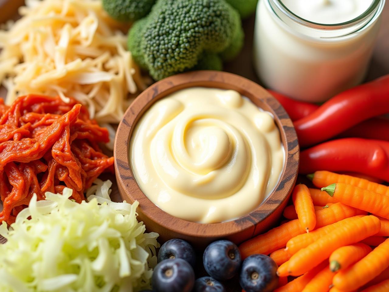 A close-up shot of various colorful fermented foods like kimchi, sauerkraut, and yogurt, arranged to highlight their connection to gut health and mental well-being.