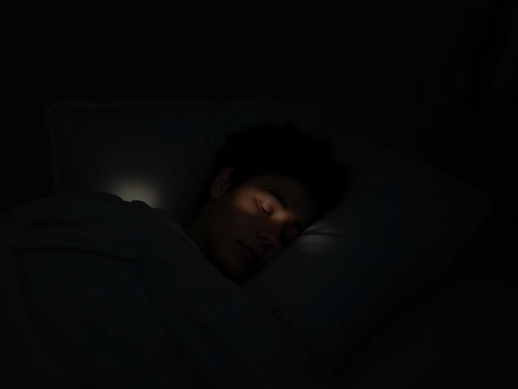 A person peacefully sleeping in a dark room with soft lighting.