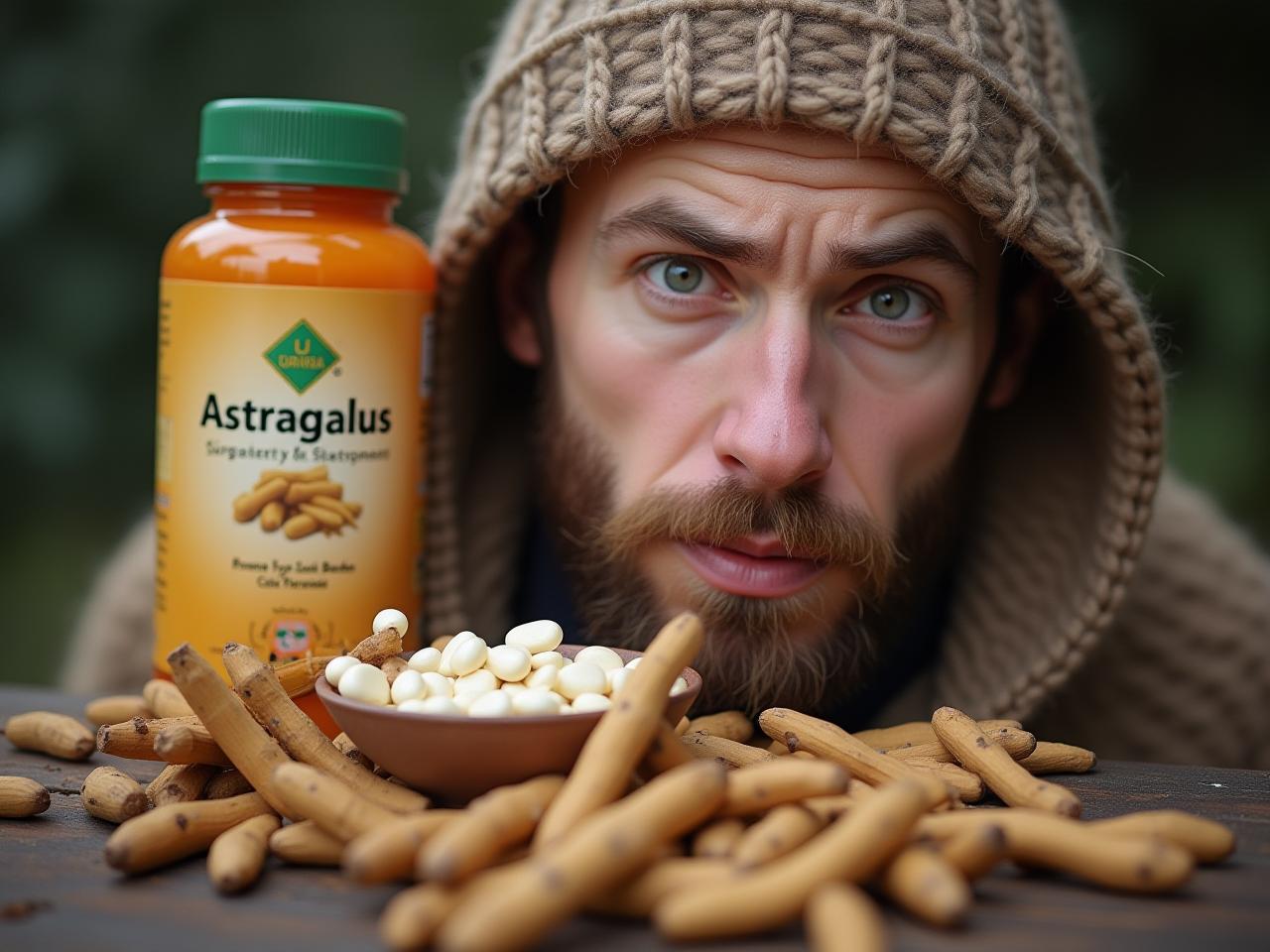 Astragalus root and supplements with a skeptical expression.