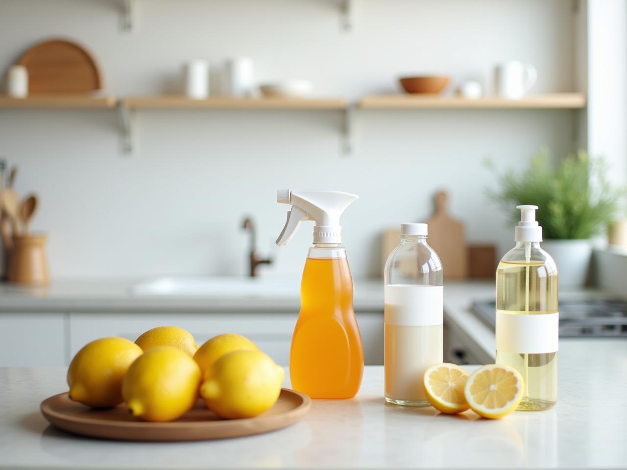 A clean and organized kitchen counter with natural cleaning products like lemons, baking soda, and vinegar.