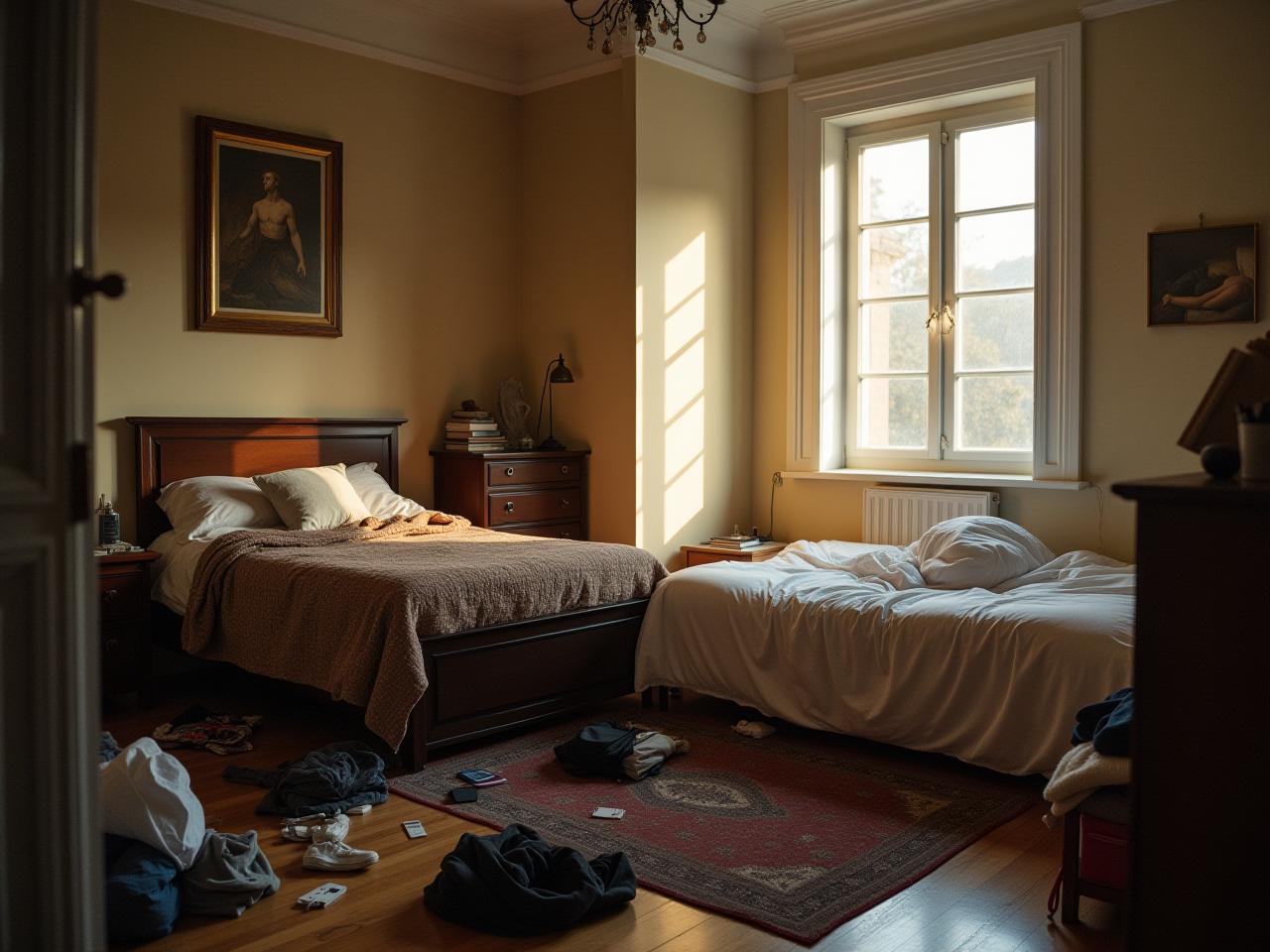 A messy bedroom with clothes scattered around, next to a serene and organized bedroom with soft lighting.
