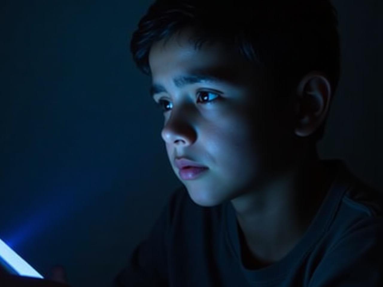 A person looking at a phone screen with blue light emitting from it, with a worried expression.