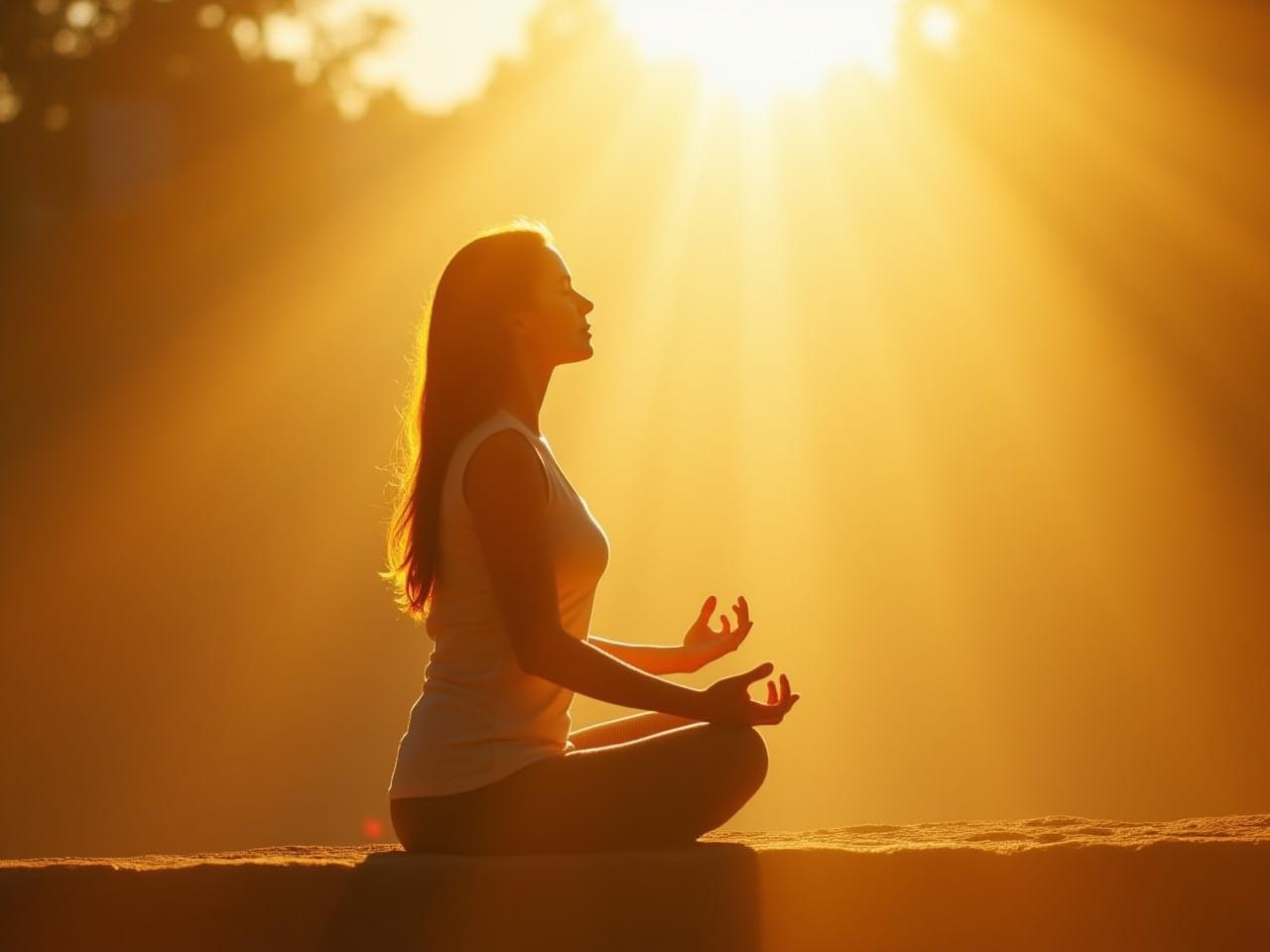 Woman meditating in sunlight, light therapy concept