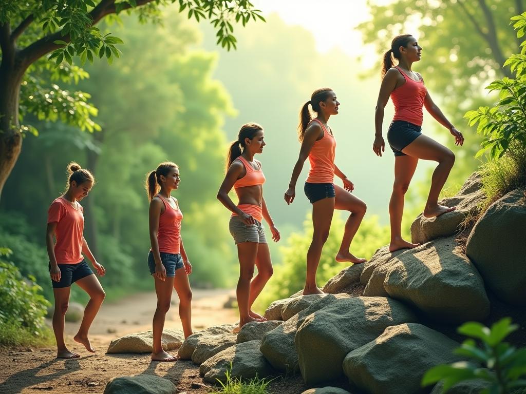 A vibrant image showing a diverse group of people engaging in natural movements outdoors, like walking barefoot, climbing rocks, and stretching naturally. The background features a lush green environment, symbolizing a connection to nature and a holistic approach to fitness.