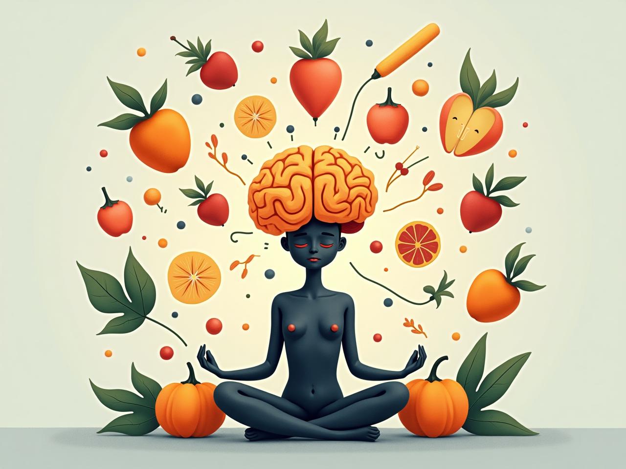 Brain inflammation concept with calming natural elements like fruits, vegetables, and a meditating figure.
