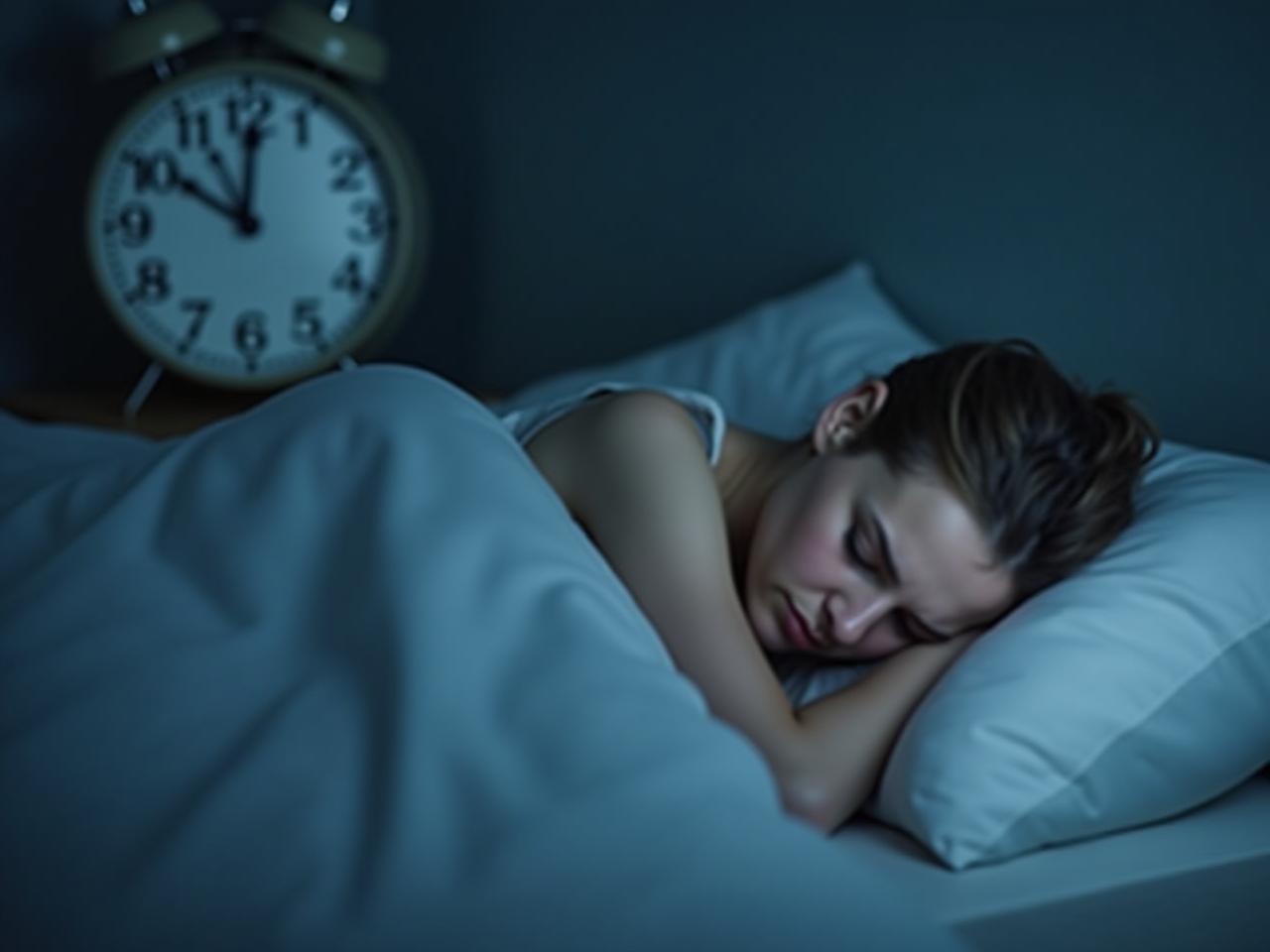 A person lying in bed, looking stressed and unable to sleep, with a clock showing 3:00 AM in the background.