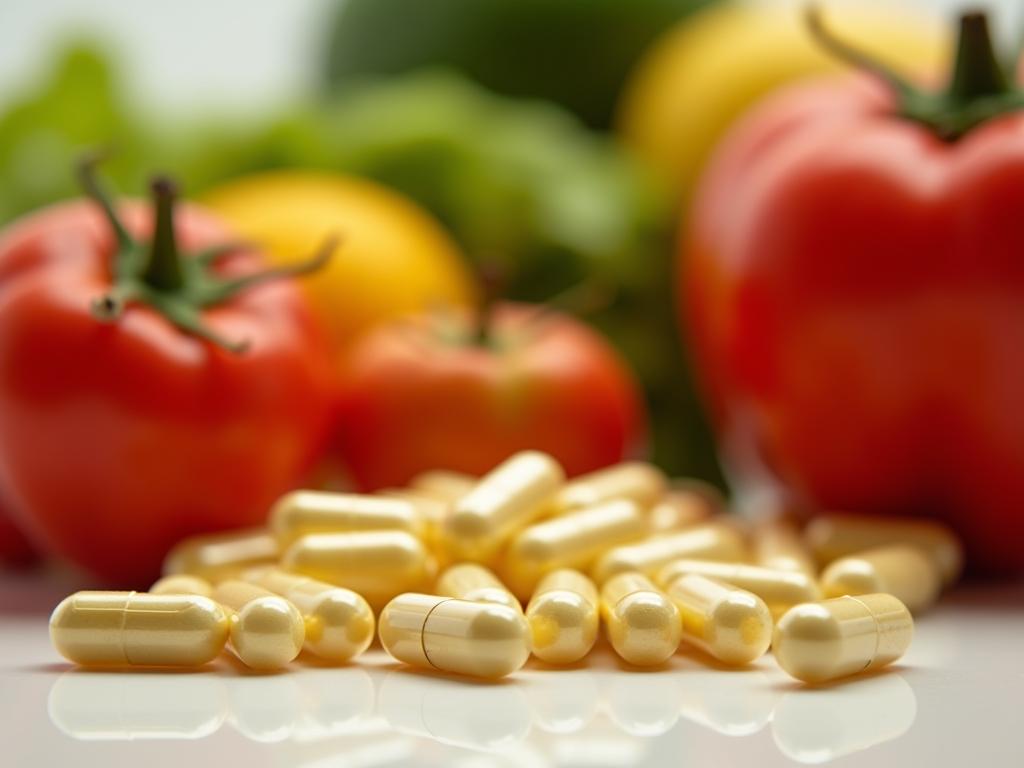 Close-up image of alpha-lipoic acid capsules next to fresh fruits and vegetables, symbolizing the source and function of the nutrient.