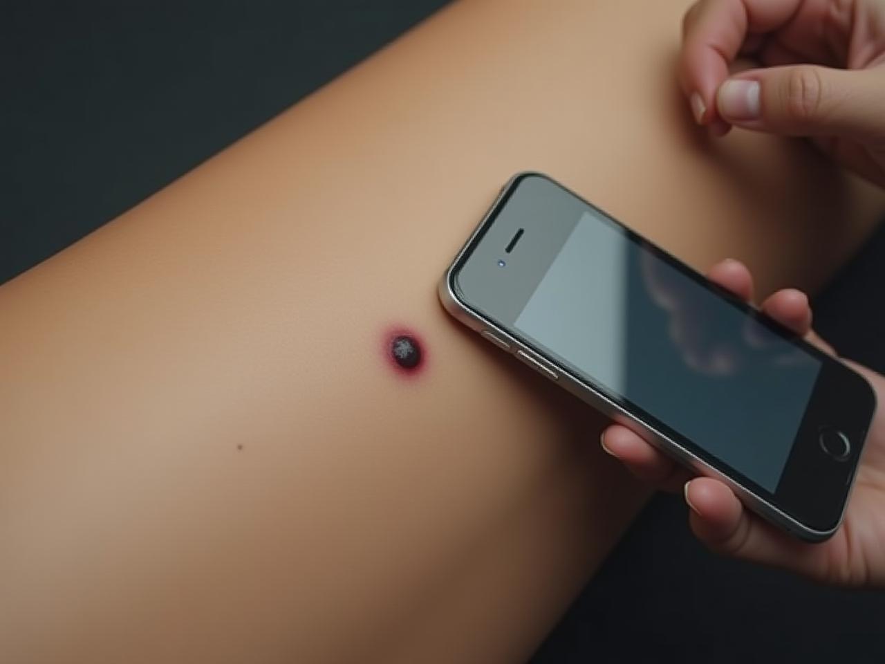 Close-up of skin with mole, with a smartphone app analyzing it.