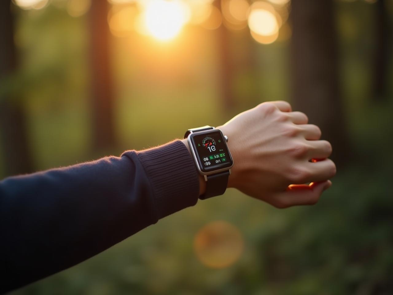 A person wearing a smartwatch and looking at the data on the screen. The background is a natural setting with trees and sunlight.