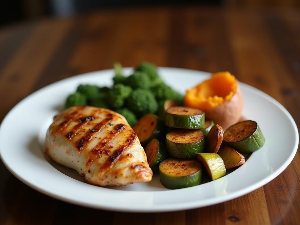 A plate with a healthy meal of grilled chicken, roasted vegetables, and a small portion of sweet potato, symbolizing balanced nutrition for the evening.