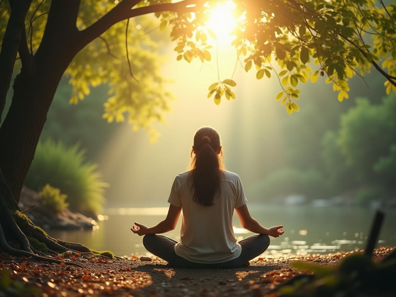 A serene image depicting a person sitting in a peaceful environment, possibly meditating, to symbolize healing and recovery from PTSD.