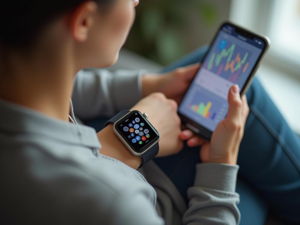 A person wearing a smartwatch and looking at a graph on their phone, symbolizing health tracking and data analysis.