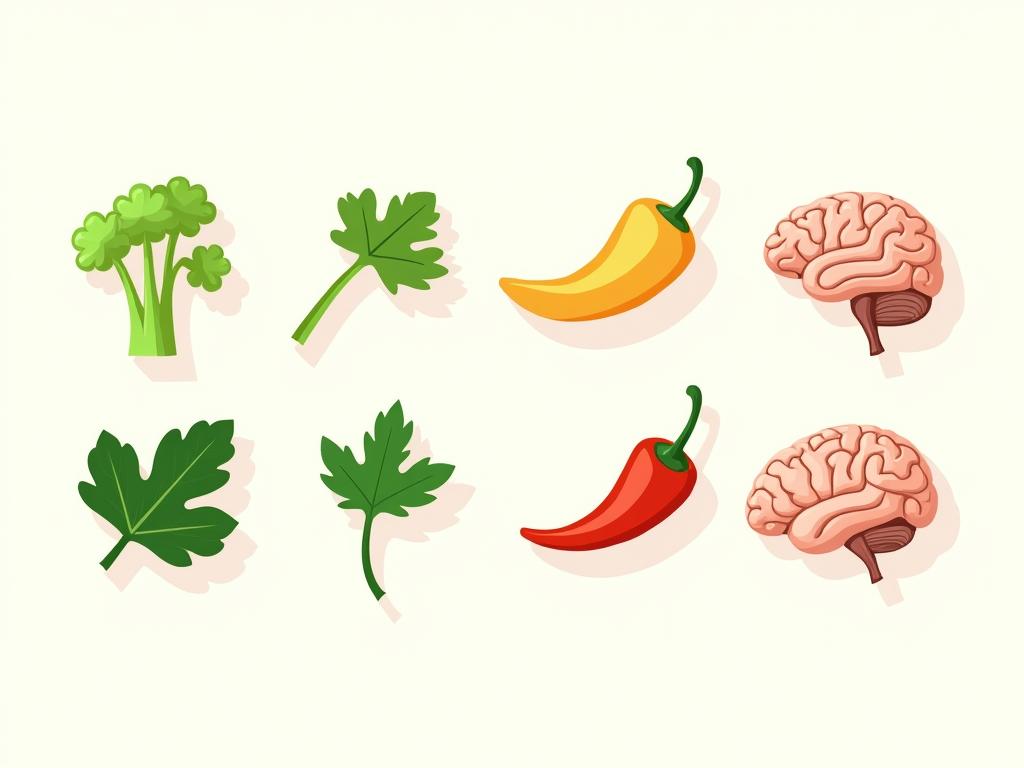 Image of various foods containing luteolin, such as celery, parsley, and green peppers, alongside a brain illustration.