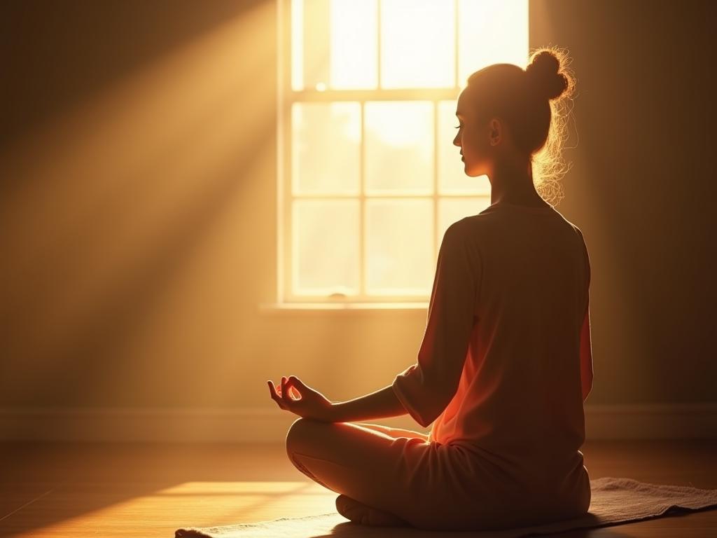 A person meditating in a peaceful setting, with sunlight streaming through the window.