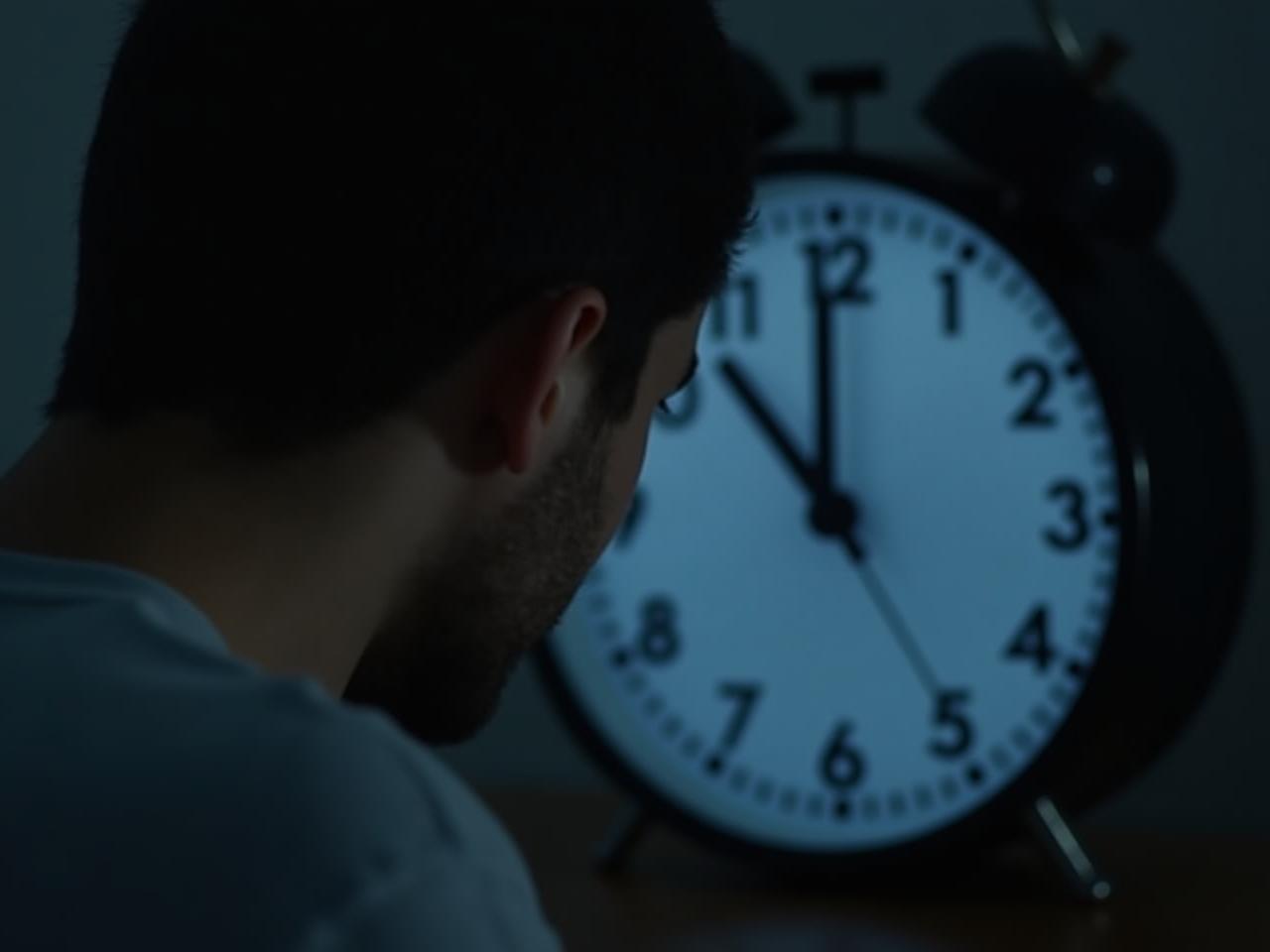 Close-up of a person looking at a clock in the middle of the night, with a sense of anxiety and frustration.