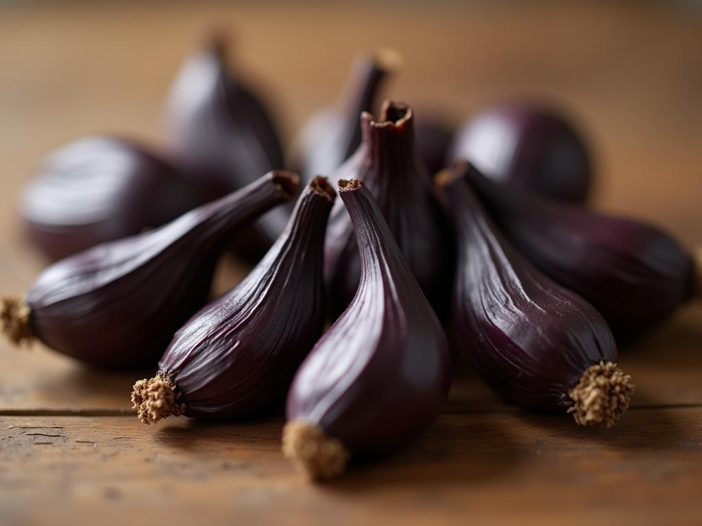 Close-up of black garlic cloves on a wooden surface.