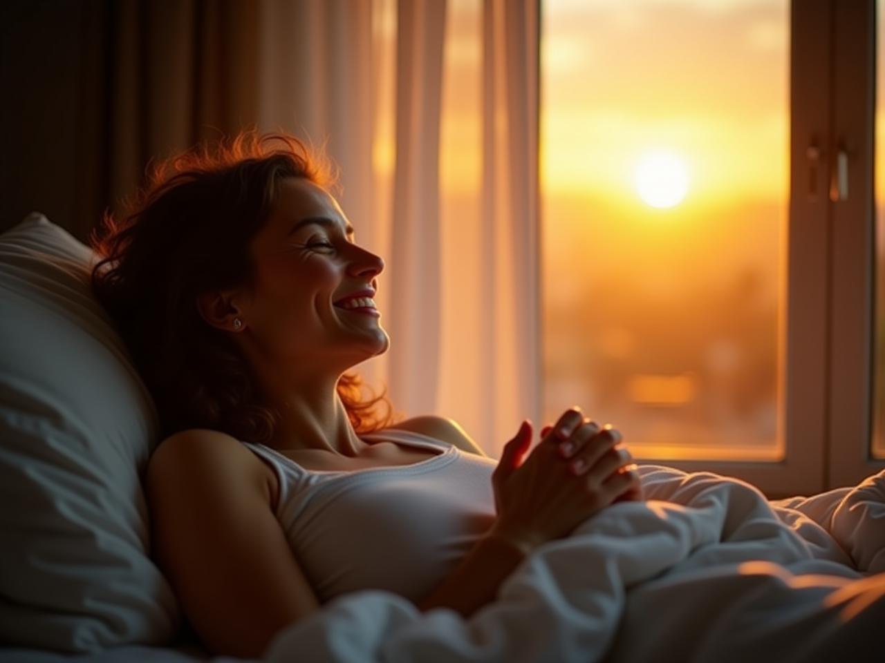 A person waking up refreshed and smiling, looking at the sunrise through the window.
