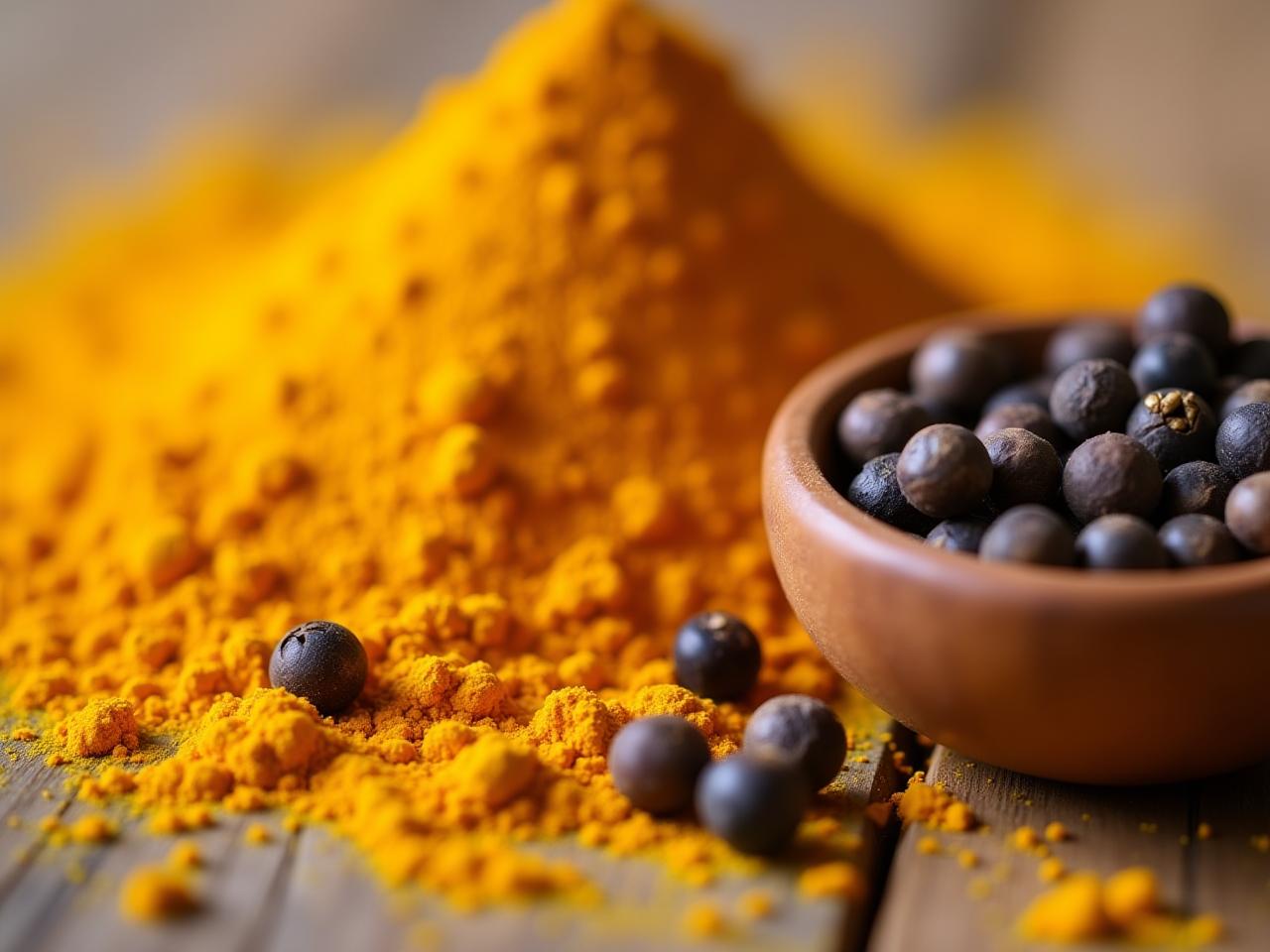 A close-up photo of turmeric powder with a small bowl of black peppercorns, illustrating the combination for enhanced absorption of curcumin.