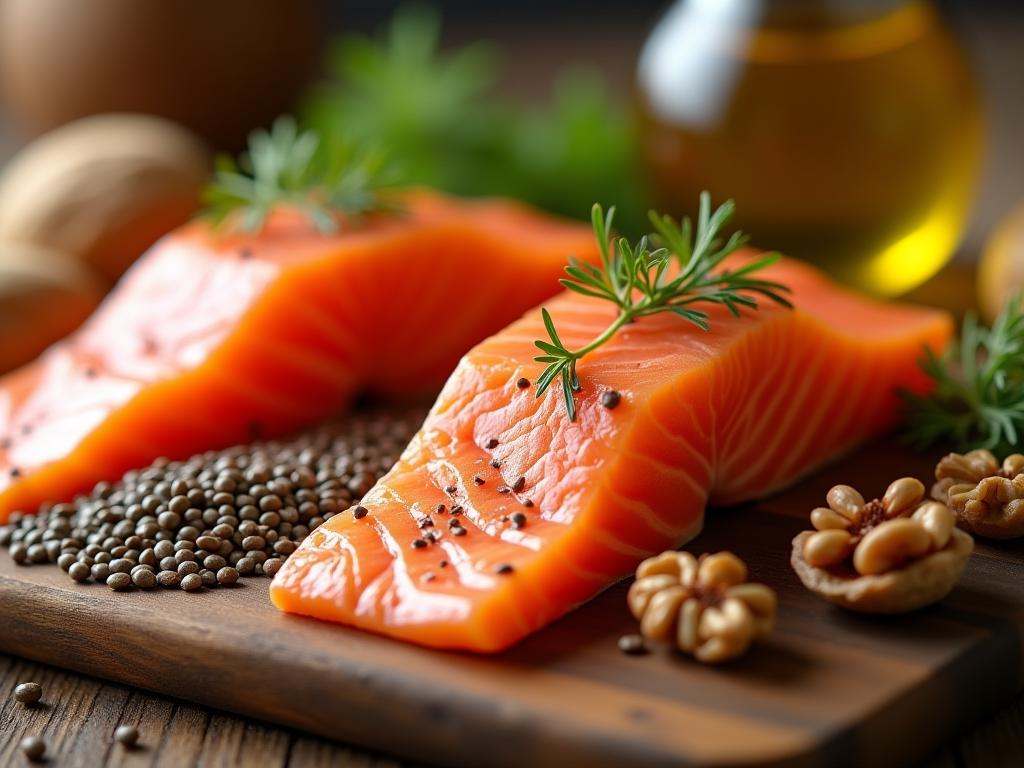 A close-up shot of various foods rich in Omega-3 fatty acids, such as salmon, chia seeds, walnuts, and olive oil, arranged on a wooden surface with a warm, natural light.