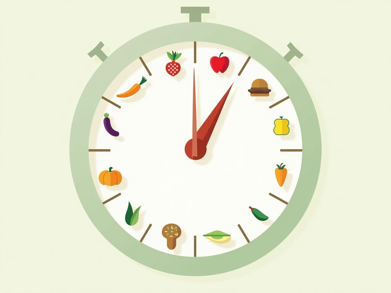 A clock with healthy food icons instead of numbers, representing the concept of eating according to your bodys clock.