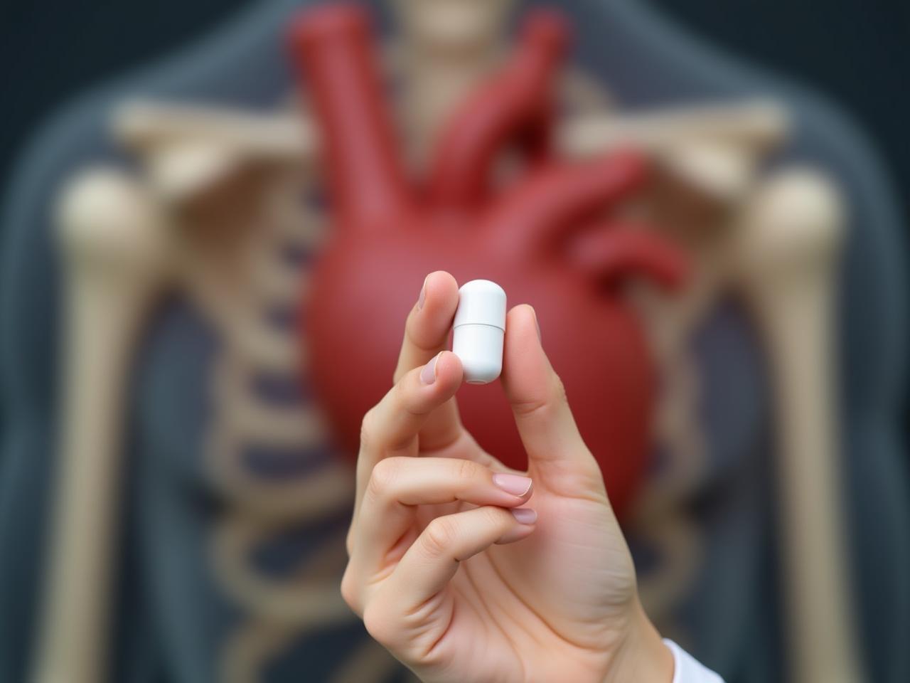A hand holding a calcium supplement pill with a blurred background of a heart and bones.