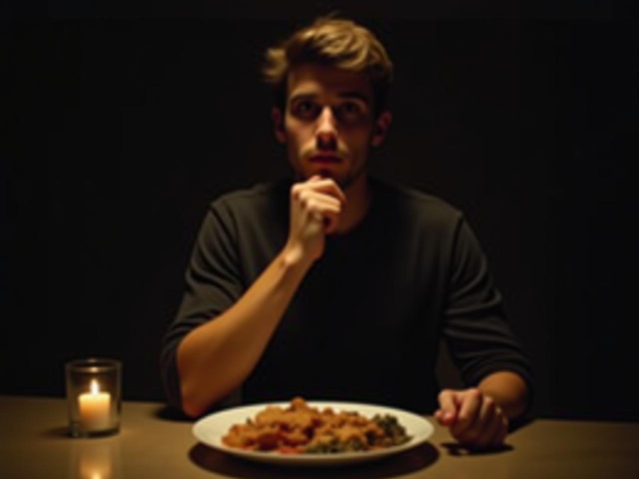 A person looking thoughtfully at a plate of food late at night.