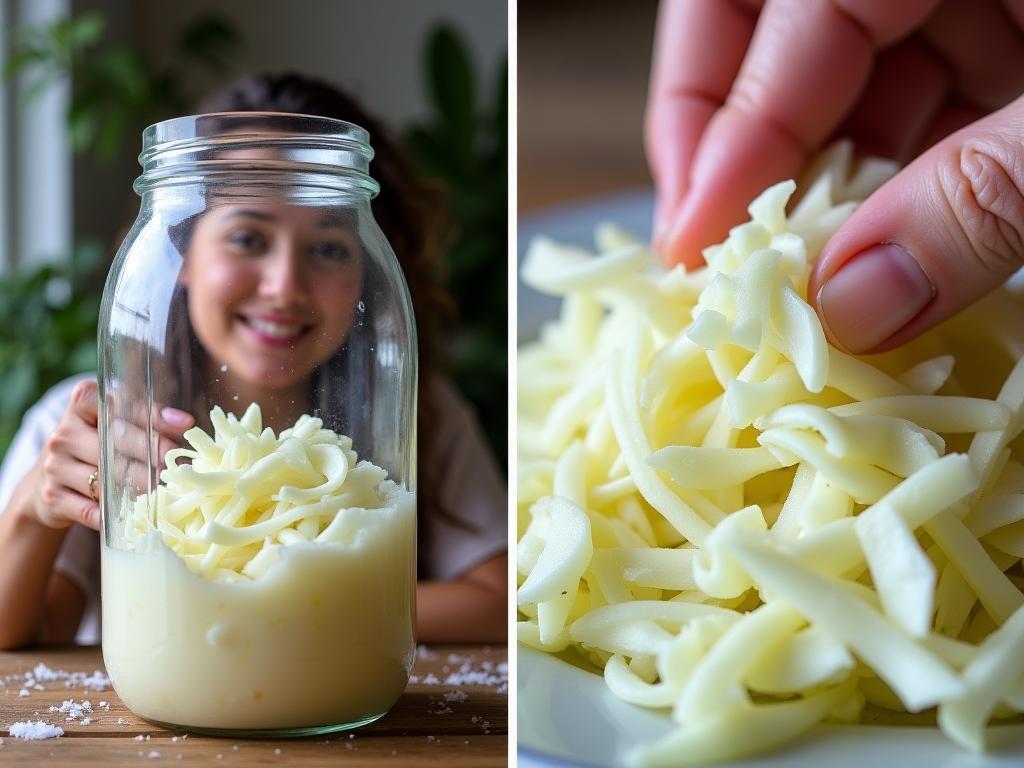 A jar of homemade sauerkraut with shredded cabbage visible inside, a woman with a warm smile serving sauerkraut from a jar, close-up of shredded cabbage being massaged with salt.