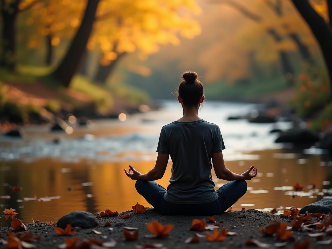 A person meditating in a peaceful setting, with a gentle stream flowing in the background and autumn leaves floating on the water.