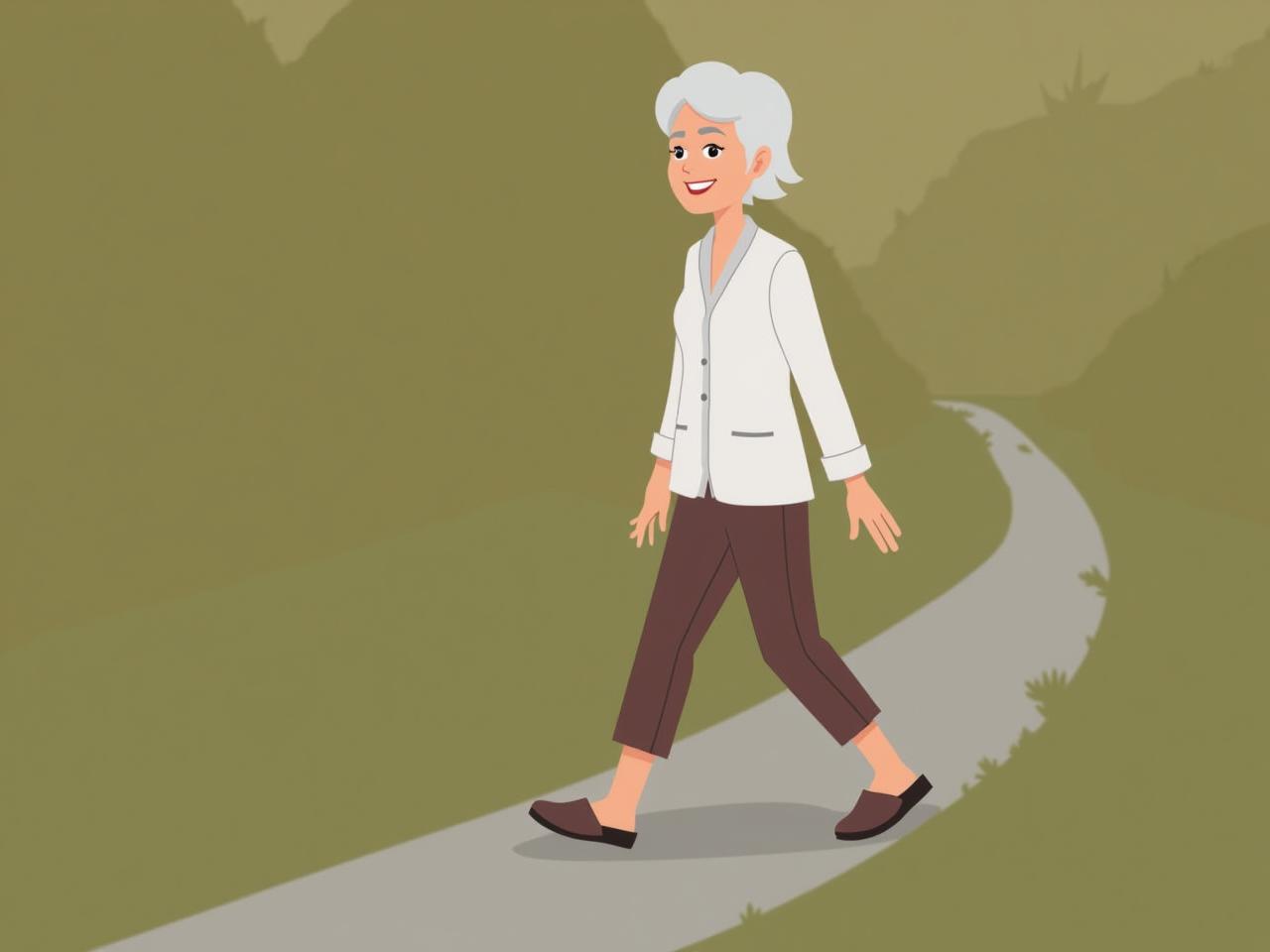 Elderly woman walking confidently and smiling, illustrating the concept of mobility and healthy aging.