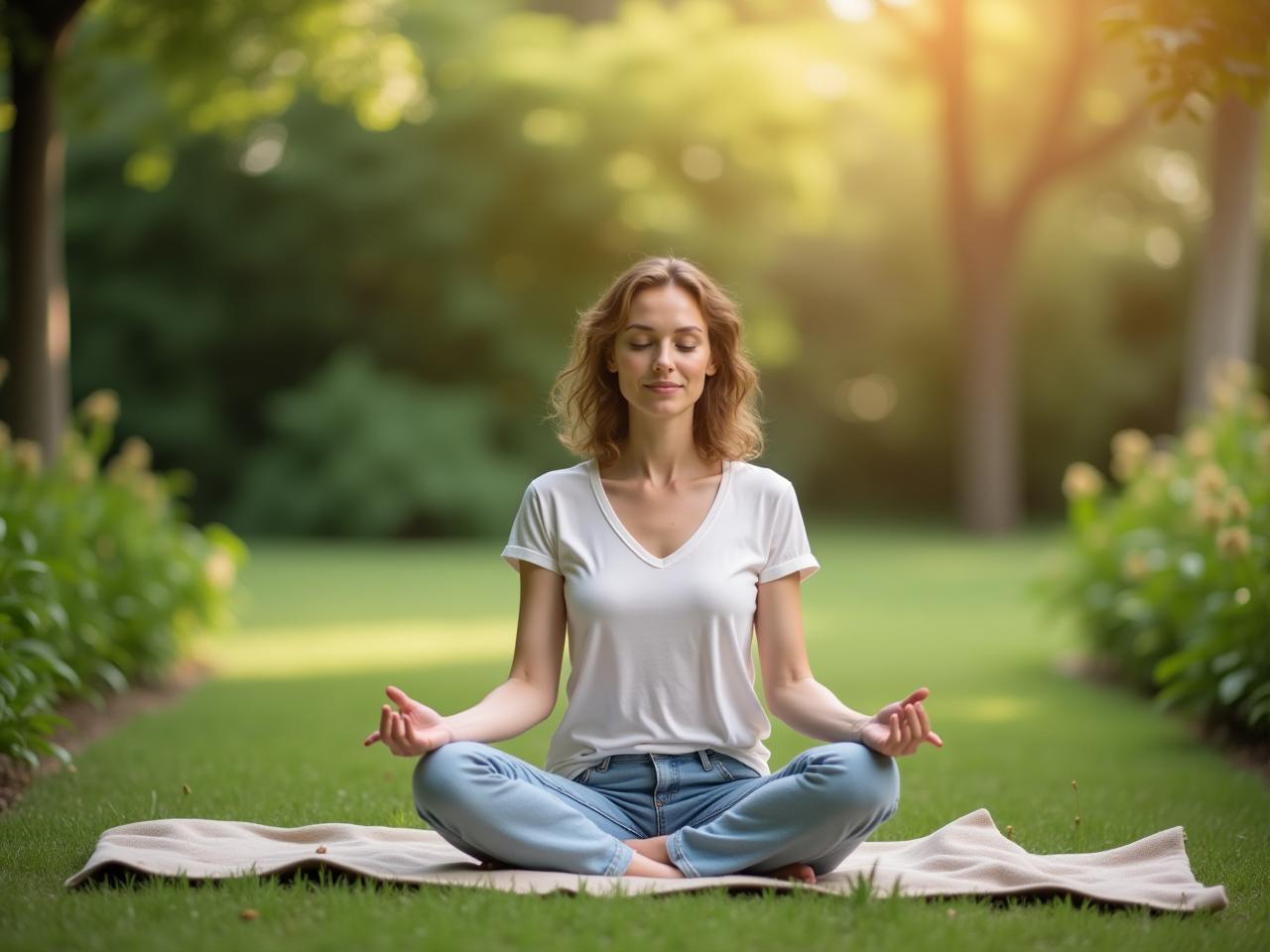 A woman sitting peacefully in a garden, practicing mindful breathing.