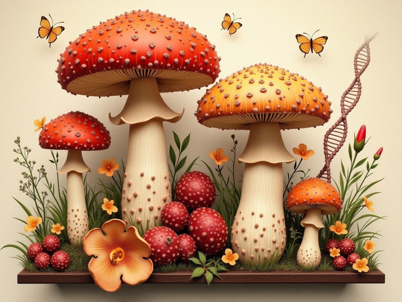 A collage of Reishi and Maitake mushrooms, with a background showing DNA strands and a healthy senior citizen gardening.