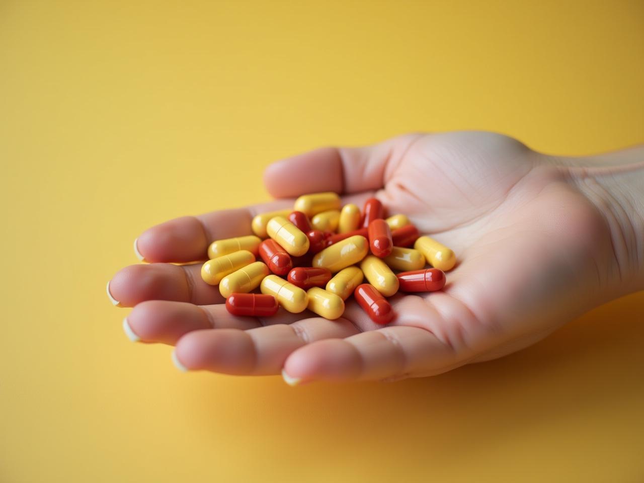 A hand holding various vitamin pills with a skeptical expression.