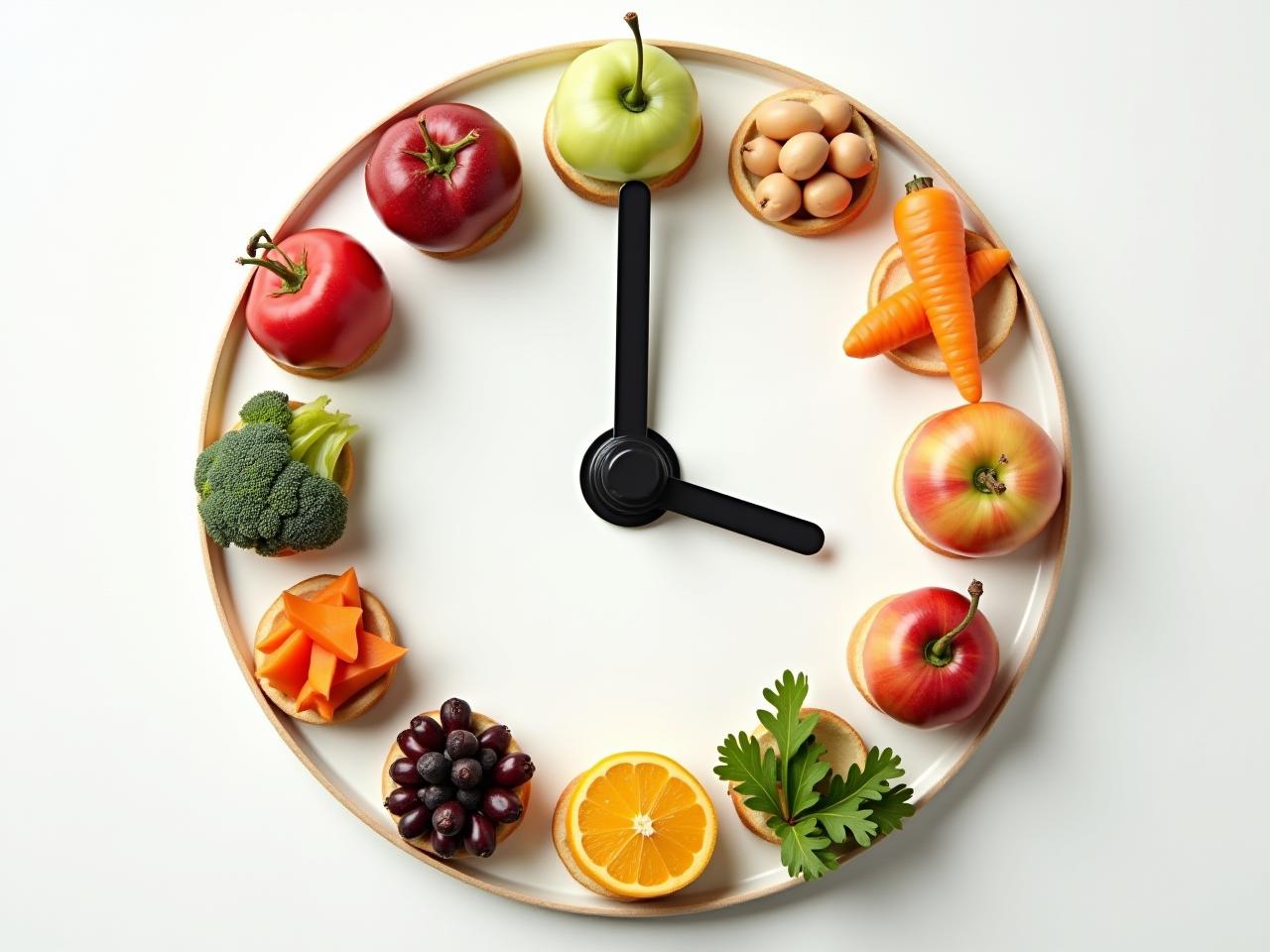 A clock with food items instead of numbers, symbolizing the concept of eating according to the bodys clock.