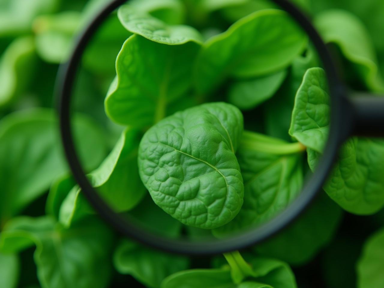Close-up shot of vibrant green leafy vegetables like spinach and kale, representing sources of lutein and zeaxanthin. A magnifying glass is subtly placed over the vegetables, suggesting the focus on eye health.
